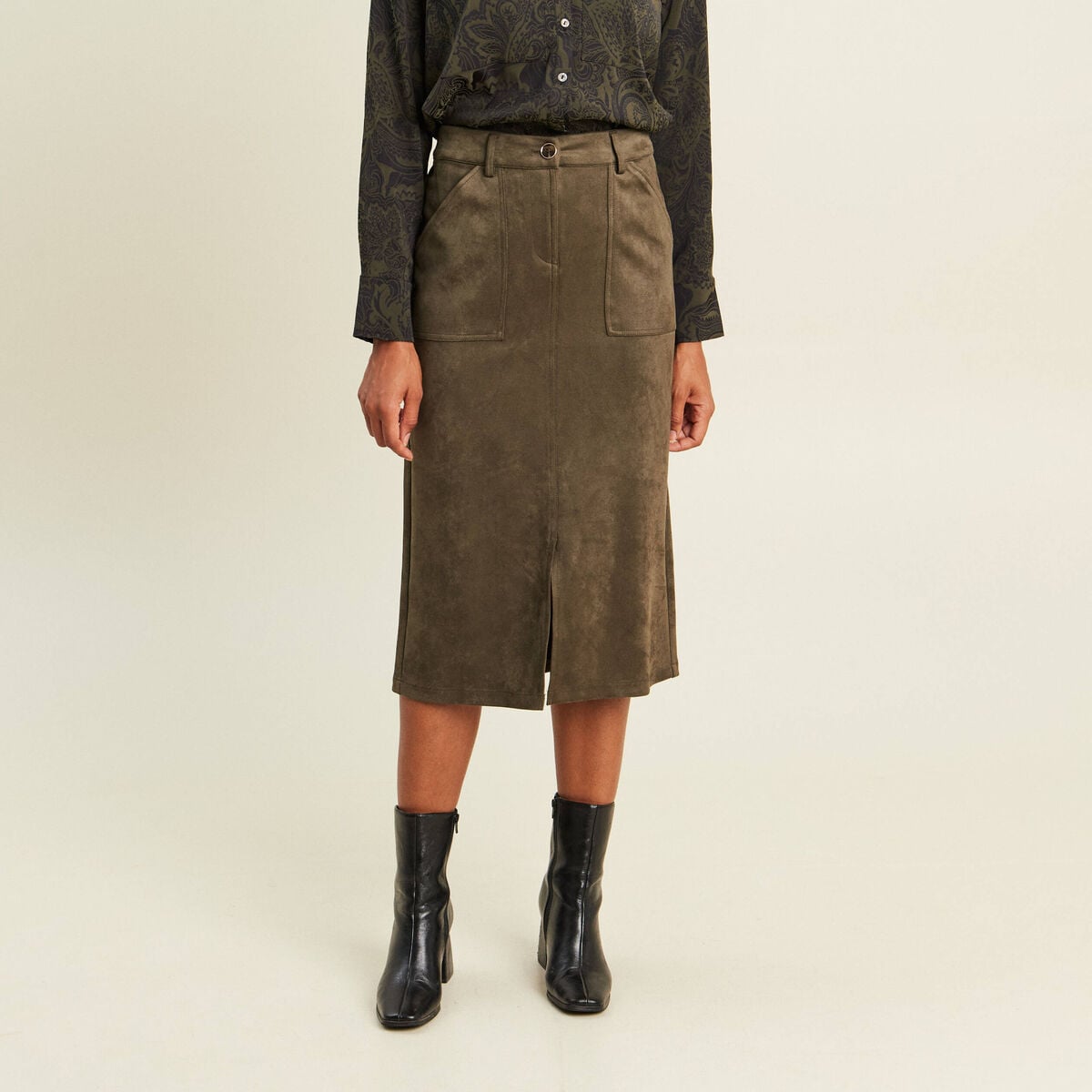 Jupe longue droite su&eacute;dine vert kaki femme