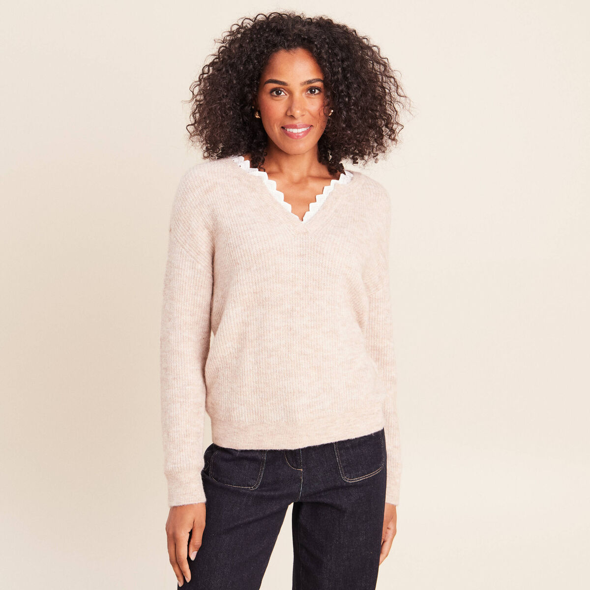 Pull col v beige femme