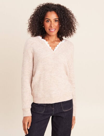 Pull col v beige femme
