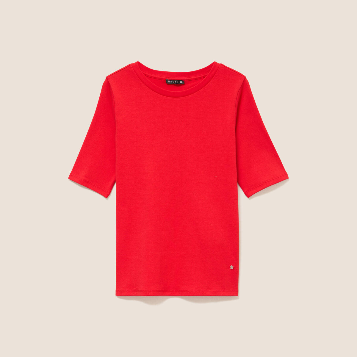 T-shirt ajust&eacute; col rond manches coudes rouge fluo femme