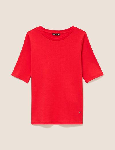 T-shirt ajust&eacute; col rond manches coudes rouge fluo femme
