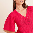 Pull ajour&eacute; col v manches courtes rose fushia femme