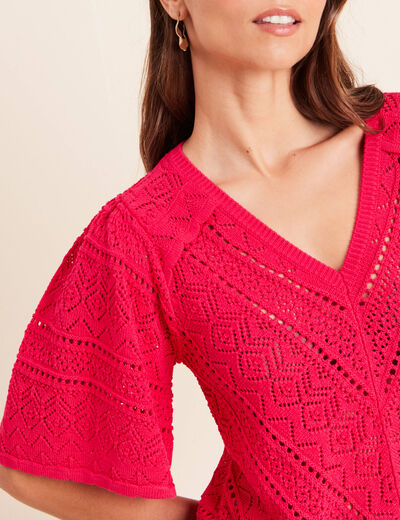 Pull ajour&eacute; col v manches courtes rose fushia femme