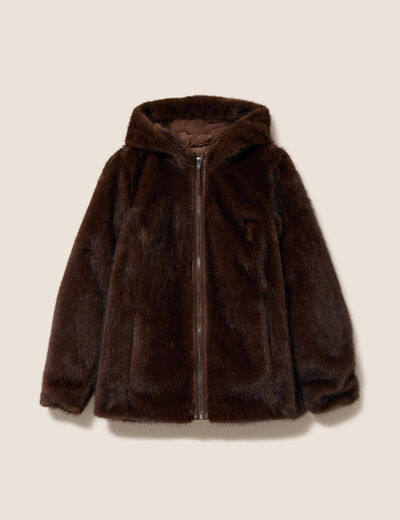 Manteau en fausse fourrure &agrave; capuche marron fonc&eacute; femme