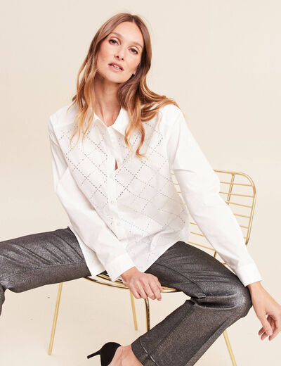 Chemise manches longues en coton strass blanc femme