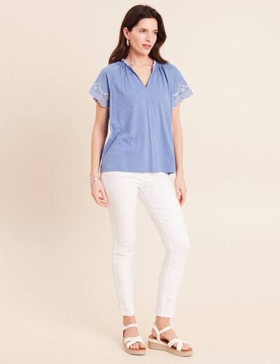 Blouse col tunisien manches courtes bleu ciel femme