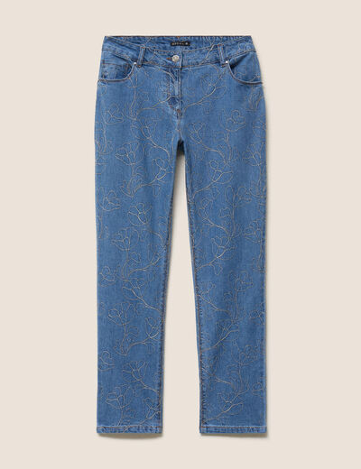 Jean coupe droite 7/8&egrave;me taille bascul&eacute;e denim double stone femme