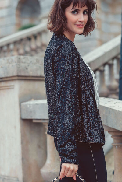 Veste droite avec sequins noir femme