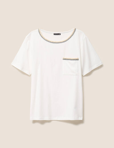 T-shirt col rond manches coudes tressé ecru femme