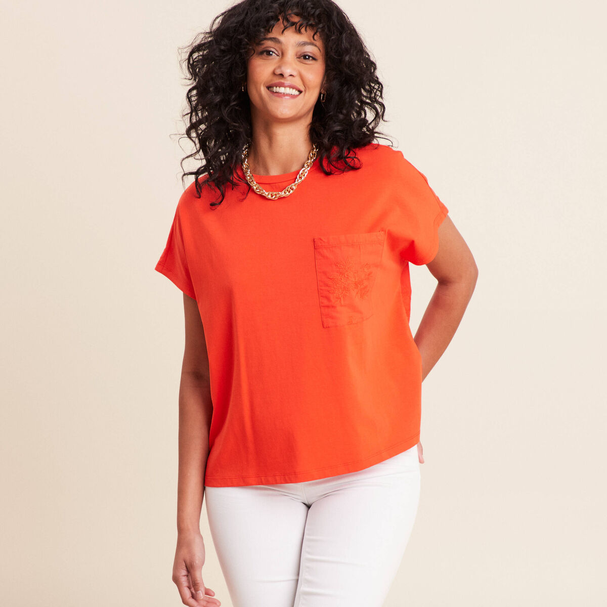T-shirt col rond manches courtes poches orange fonc&eacute; femme