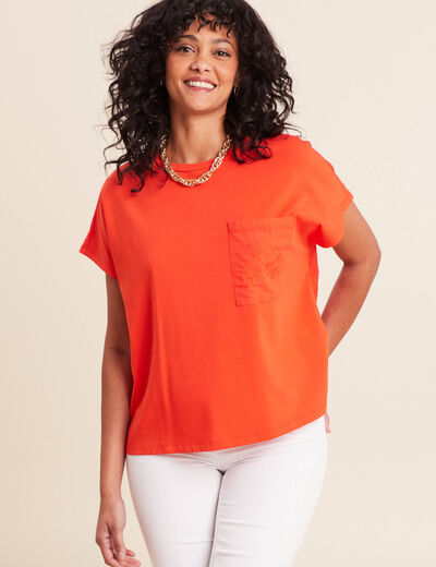 T-shirt col rond manches courtes poches orange fonc&eacute; femme