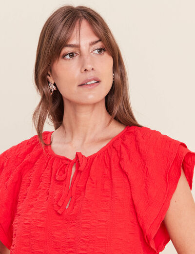 Blouse col v manches courtes fluide rouge femme