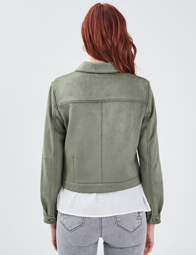Blouson droit effet suédine vert kaki femme