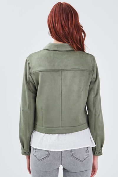 Blouson droit effet suédine vert kaki femme