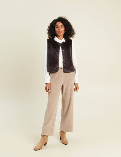 Gilet droit sans manches fausse fourrure marron fonc&eacute; femme
