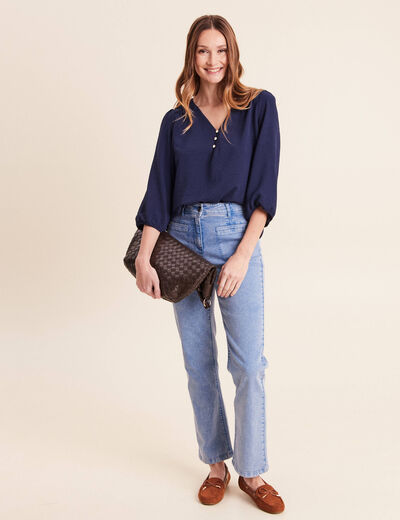Blouse col v manches 3/4 fluide bleu marine femme
