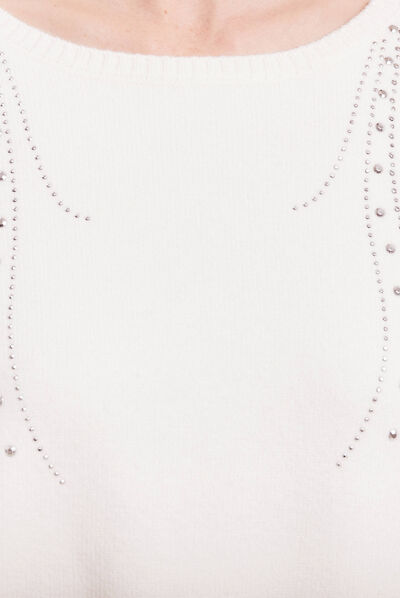 Pull manches longues strass ecru femme