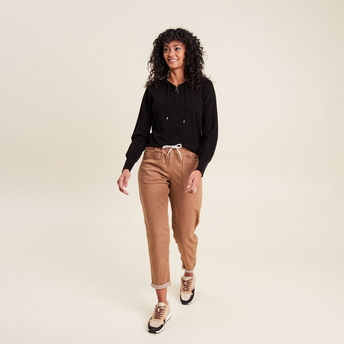 Pantalon coupe droite à coulisse taupe femme