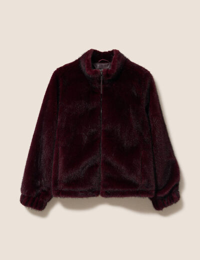 Manteau en fausse fourrure col montant bordeaux femme