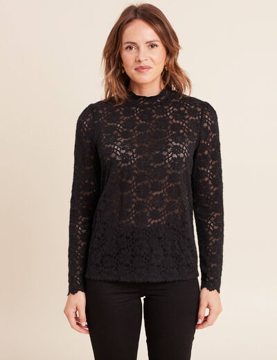 T-shirt cintr&eacute; col montant dentelle noir femme