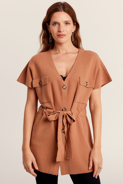 Gilet ceinturé et boutonné camel femme