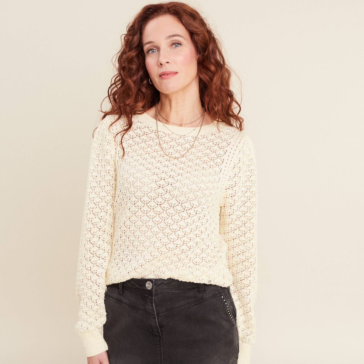 Pull manches longues ajouré jaune clair femme