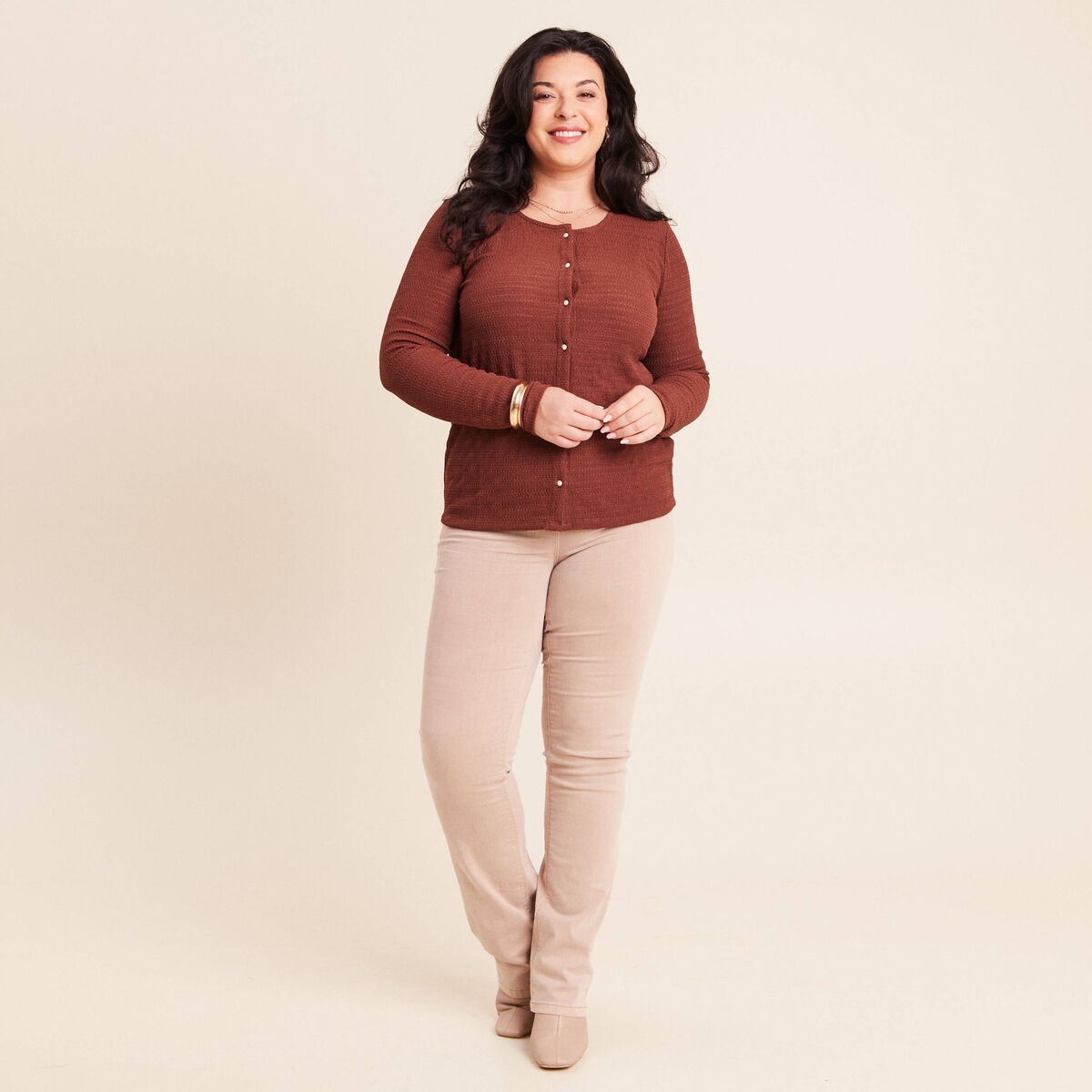 T-shirt manches longues aspect dentelle marron femme