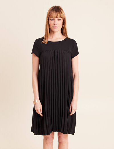 Robe courte &eacute;vas&eacute;e pliss&eacute;e col rond noir femme