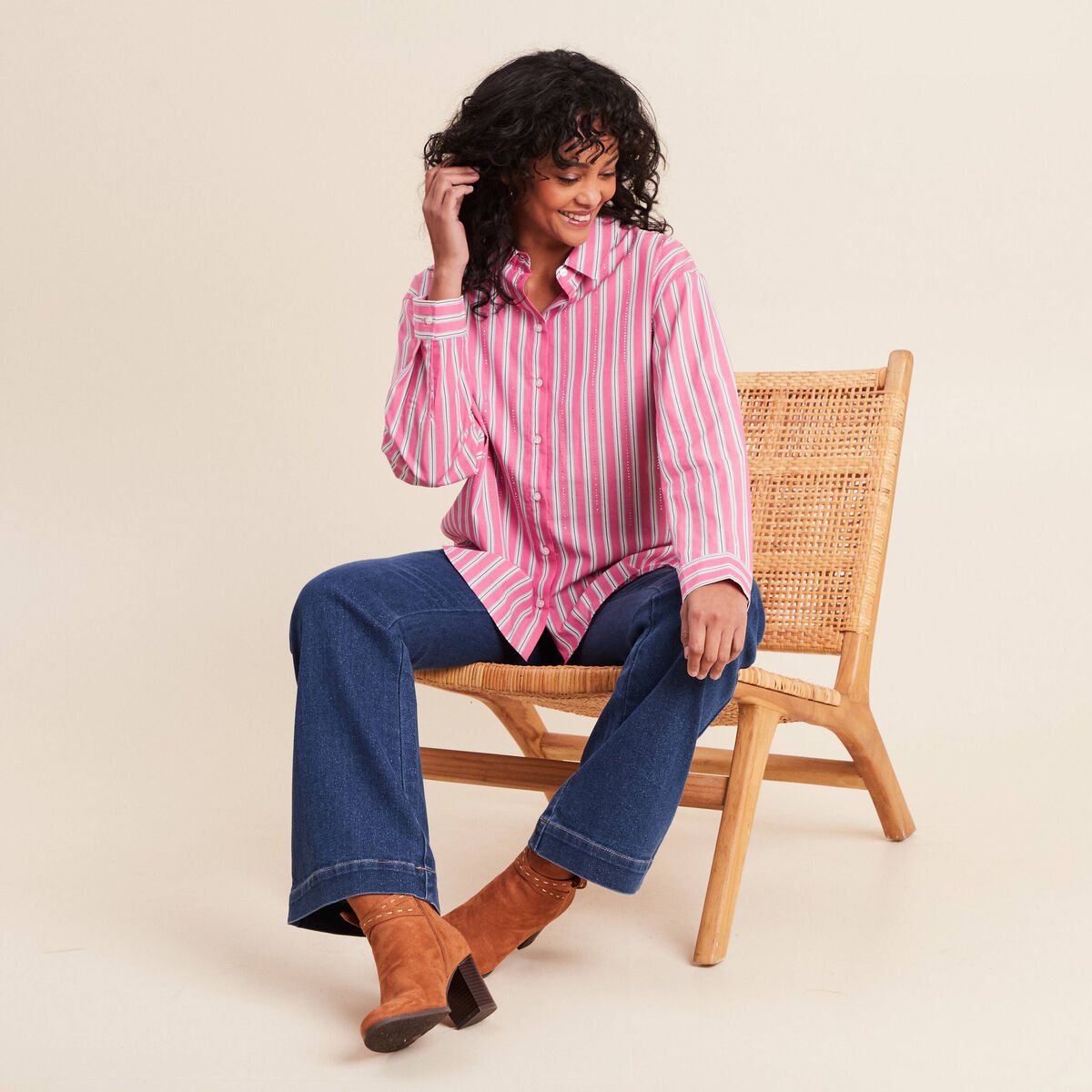Jean coupe bootcut taille bascul&eacute;e denim stone femme