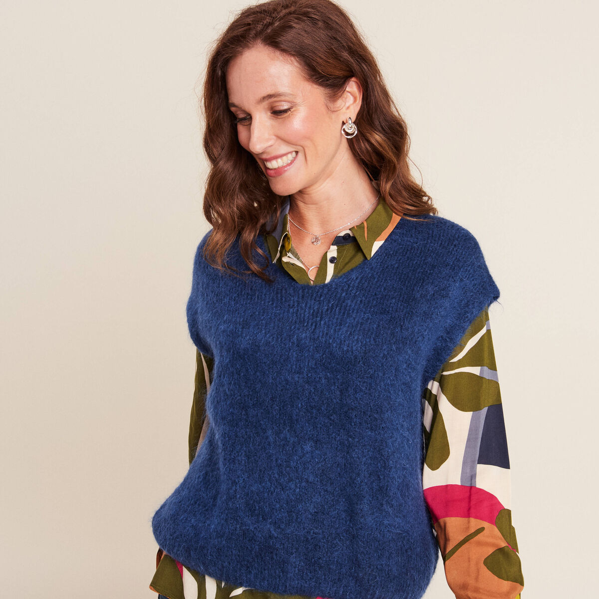 Pull sans manches bleu marine femme