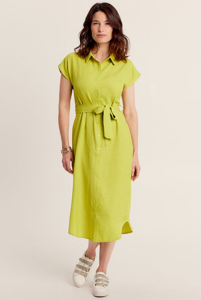 Robe chemise droite ceinturée vert anis femme