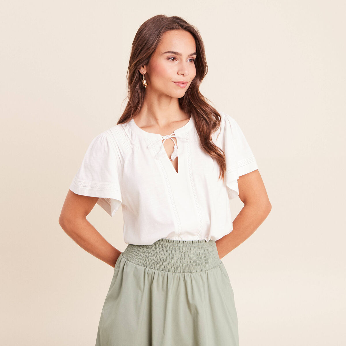 Blouse col tunisien manches courtes ecru femme