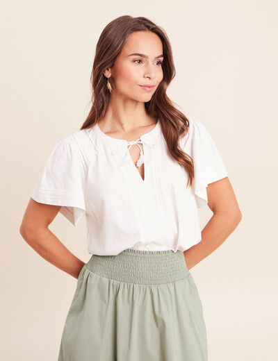 Blouse col tunisien manches courtes ecru femme