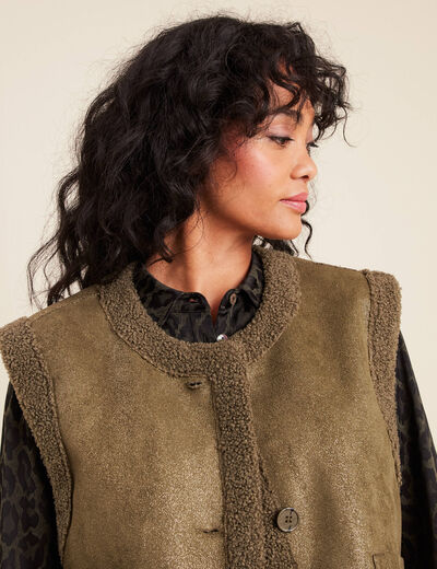 Gilet réversible laine mouton vert kaki femme