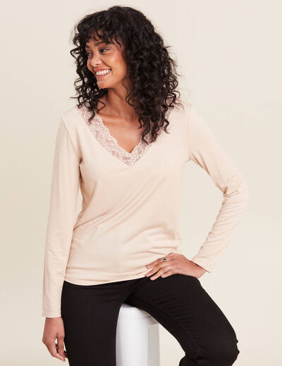 T-shirt thermo-douceur manches longues beige femme