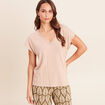 T-shirt col v manches courtes aspect lin sable femme