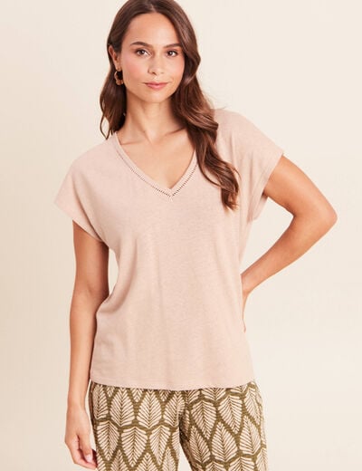 T-shirt col v manches courtes aspect lin sable femme