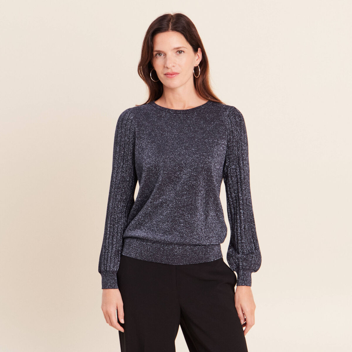 Pull cintr&eacute; col rond manches longues bleu fonc&eacute; femme