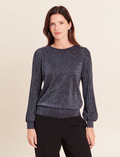 Pull cintr&eacute; col rond manches longues bleu fonc&eacute; femme