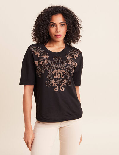 T-shirt col rond manches courtes noir femme