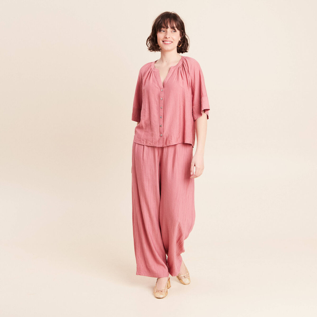 Blouse ample col v manches 3/4 mauve femme