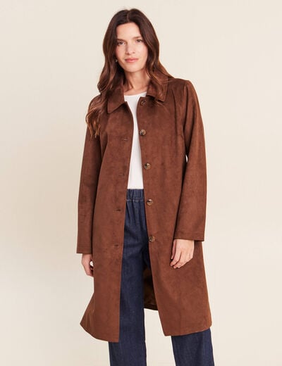 Trench cintr&eacute; long aspect daim marron femme