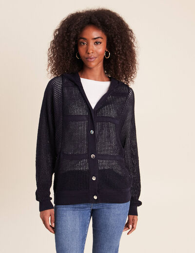Gilet ajour&eacute; &agrave; capuche manches longues bleu marine femme