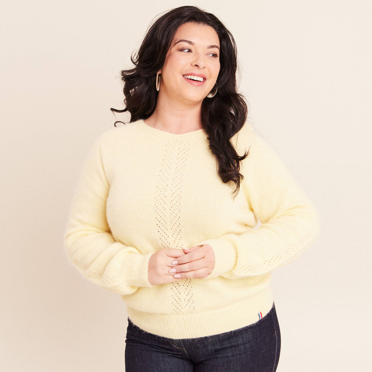 Pull confectionn&eacute; en France jaune pastel femme