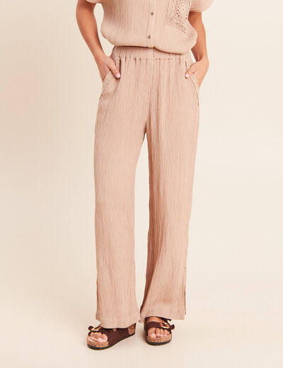 Pantalon large taille haute pliss&eacute; sable femme