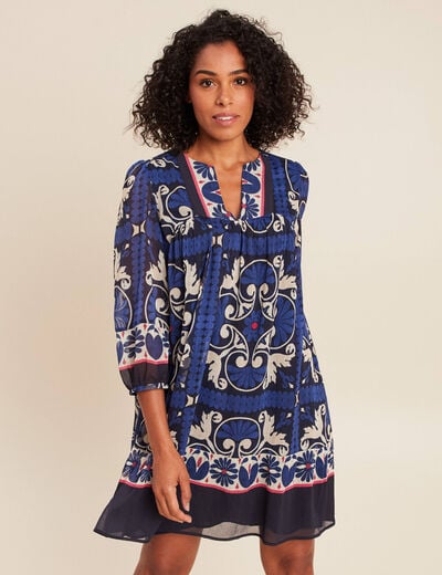 Robe courte &eacute;vas&eacute;e col tunisien bleu femme