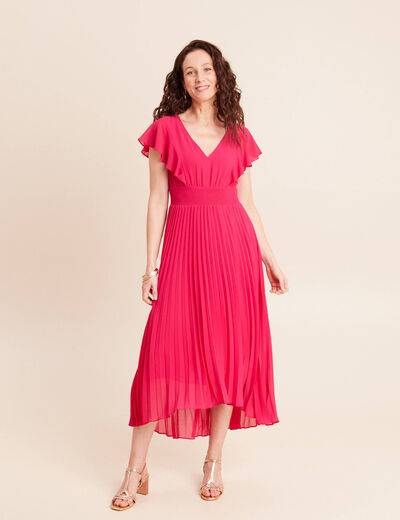 Robe longue &eacute;vas&eacute;e &agrave; volants rose fushia femme
