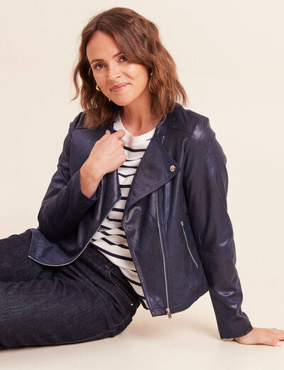 Veste droite zipp&eacute;e bleu fonc&eacute; femme
