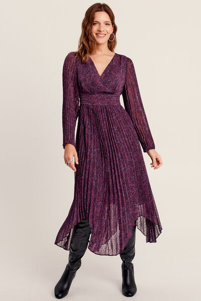Robe longue droite plissée violet femme