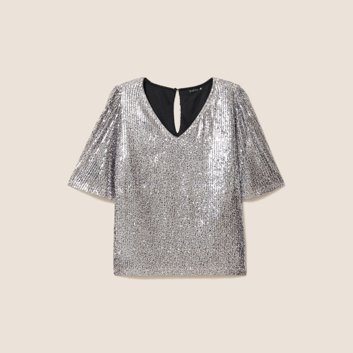 T-shirt &agrave; sequins manches coudes gris argent femme